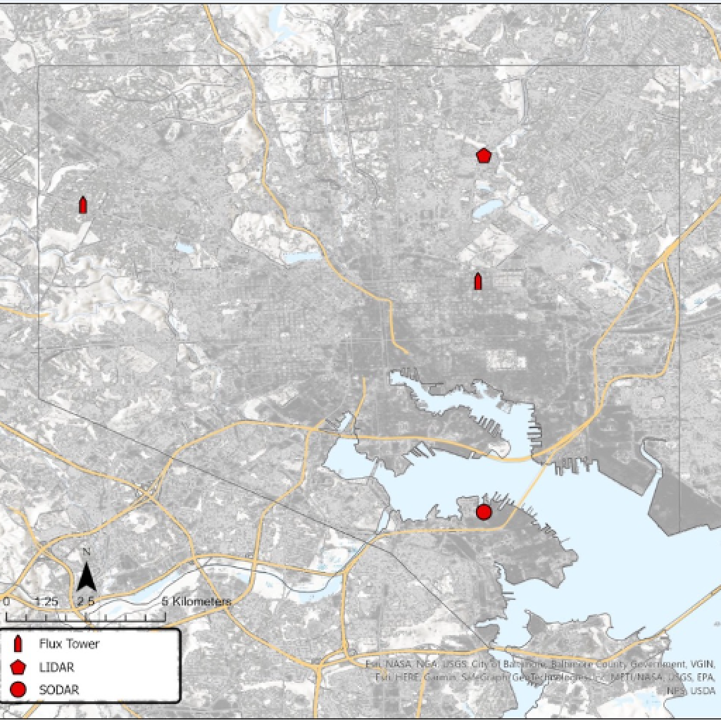 Map of Baltimore City showing two flux tower locations