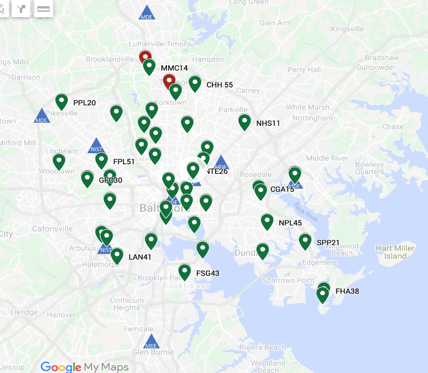 Map of Baltimore City showing the locations of 45 air quality monitors