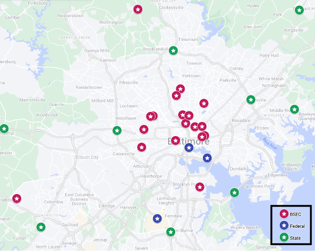 Map of Baltimore City showing 21 weather station locations